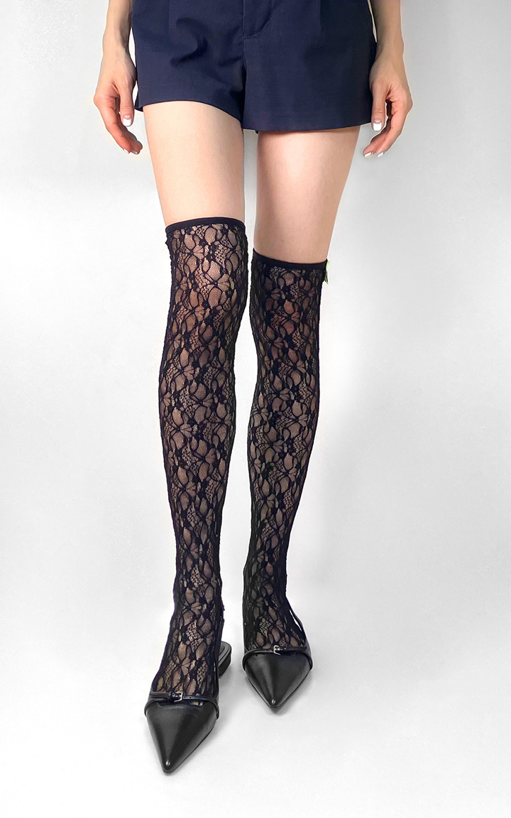 [knee-high stockings] lace tied ribbon black